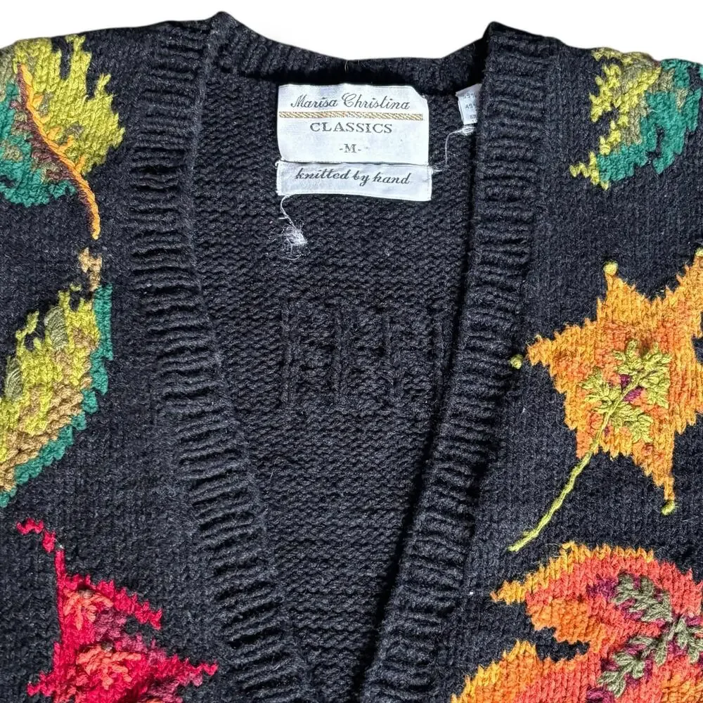 Vintage Marisa Christina Hand Knit Chunky Black Leaf Sweater Vest Black Autumn